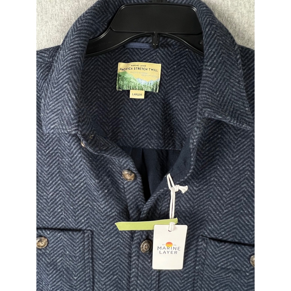 NWT Marine Layer Pacifica Stretch Twill Herringbone Shirt Navy Blue Mens Large